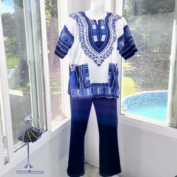 Blue & White Traditional Print Short Sleeve Cotton Dashiki Tunic Shirt Unisex - Picture 2 of 15
